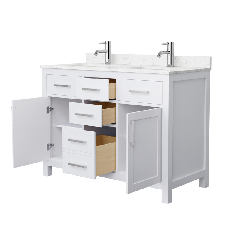 Meuble-lavabo double autoportant 48 po avec plateau en marbre Beckett, Blanc, Nickel brossé, Marbre de culture de Carrare