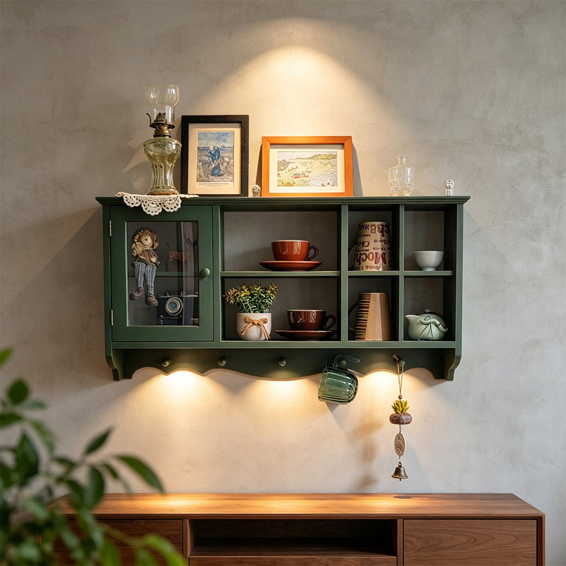 Étagère murale en bois massif vert olive avec porte vitrée