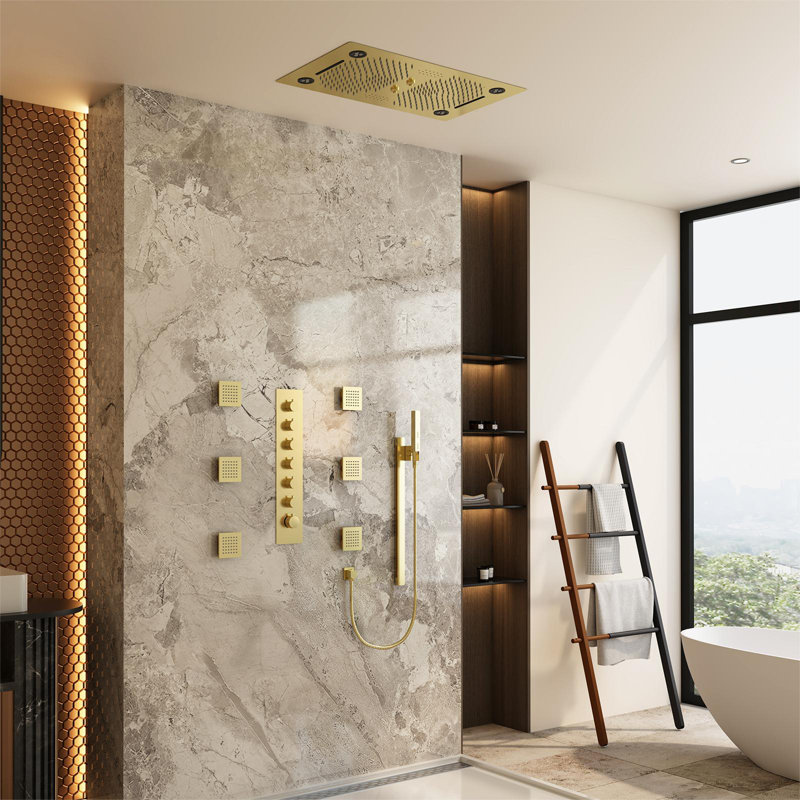 Système de douche thermostatique à pluie et à DEL de 27,5 pouces avec barre coulissante et portatif 2-en-1 Rodeo, Or brossé