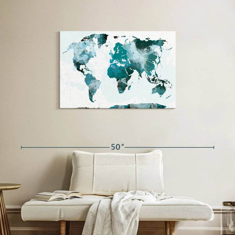 Aliaz Turquoise Splash World Map, 24" H x 36" W