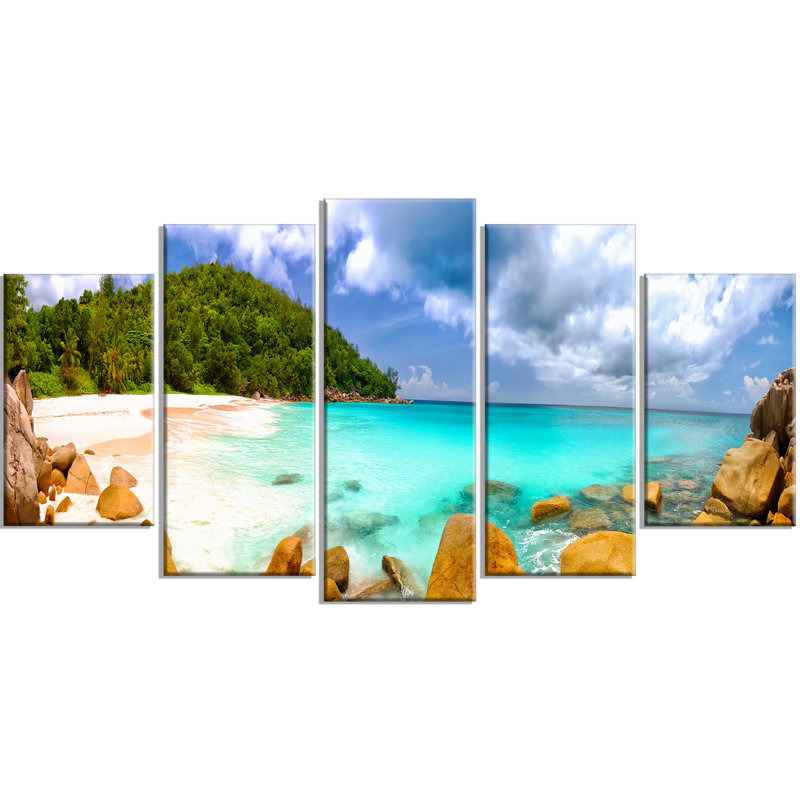 « seychellois beach panorama », ensemble de 5 impressions sur toiles tendues