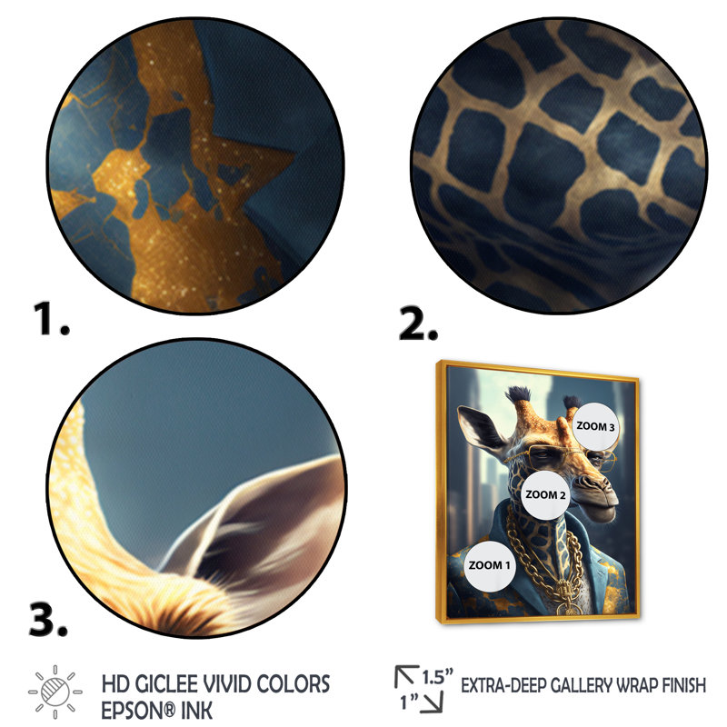 Girafe Ganster - Impression sur toile, H 20 po x l 12 po x P 1 po, Toile avec cadre flottant or