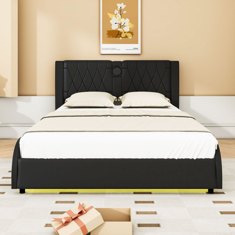 Upholstered Platform Bed with Bluetooth Speakers and LED Light, Black, Full