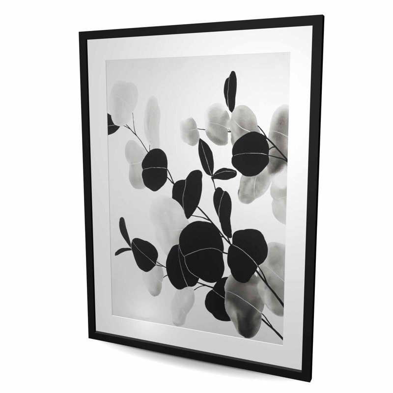 Branches en niveaux de gris avec feuilles | Imprimé mat blanc encadré