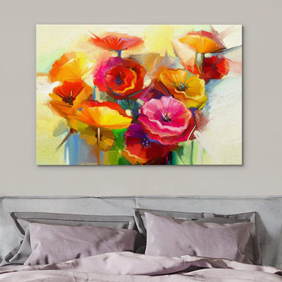 IDÉE4WALL, reproduction d'art sur toile, bouquet de fleurs roses, orange, jaunes et rouges, illustrations de plantes florales, art moderne, gros plan coloré, multicolore ultra pour le salon, la chambre à coucher, le bureau