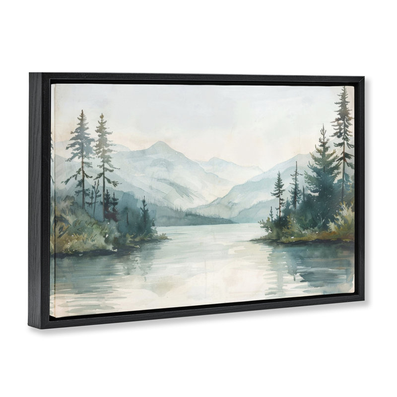  «Mountain Lake in Springtime» par LSR Design Studio, Cadre flottant noir de jais, H 17 po x l 25 po