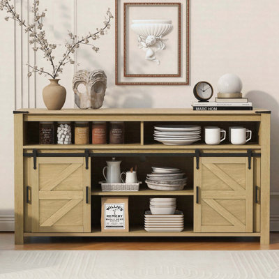 59.3" Farmhouse Sideboard Buffet Cabinet, Sliding Barn Door Storage Cabinet with Mesh Panels and Open Shelves