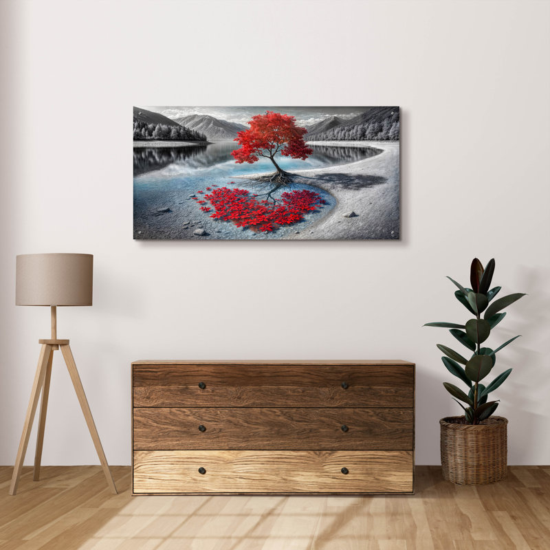 «Red Tree and Mountain Lake» par Rey Klimt, art mural acrylique, H 24 po x l 48 po
