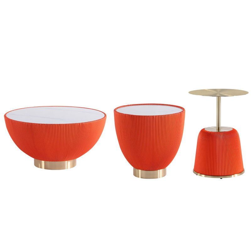 Ensemble de table de salon moderne 3 pièces avec base en acier inoxydable recouvert de cuir végétalien Anderson, Orange