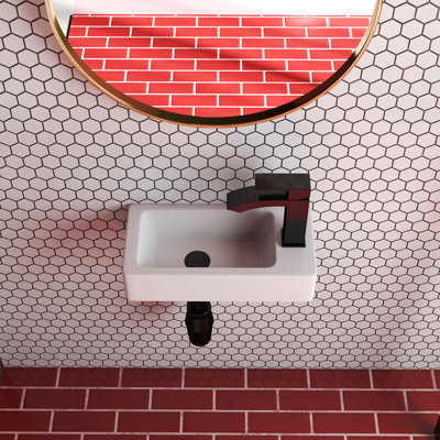14.5" x 7" Wall Mounted Small Ceramic Vanity Sink, White Rectangle Vessel Sink with Right Faucet Hole