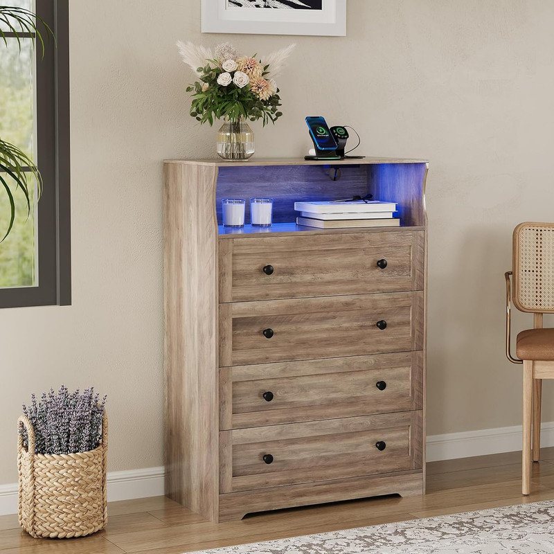 4-Drawer Wooden Dresser with Charging Station & LED Lights, Narrow Storage Organizer for Bedroom, Brown