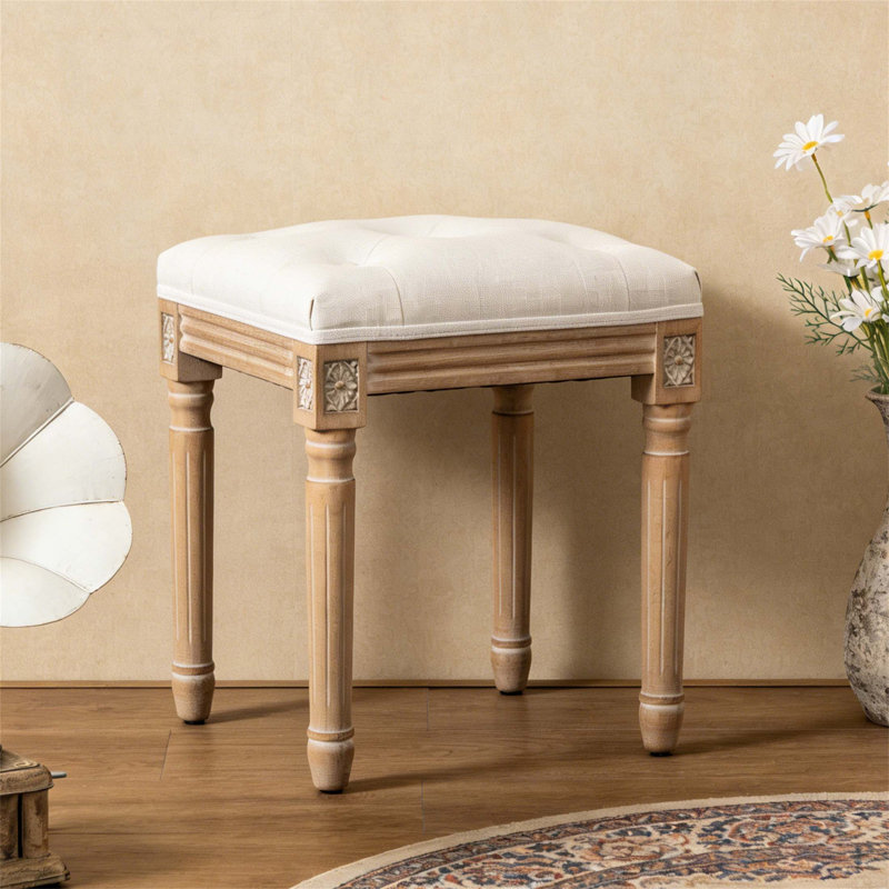 Tabouret de coiffeuse touffeté avec revêtement en lin et pieds sculptés en bois massif, banc d'habillage pour chambre à coucher, siège élégant et confortable