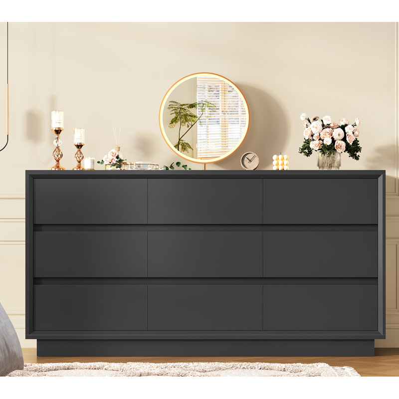 63" Dresser with 9 Drawers, Black Dresser with Metal Slide, Bedroom Dressers, Wood Dressers & Chests of Drawers for Bedroom, Hallway, Black