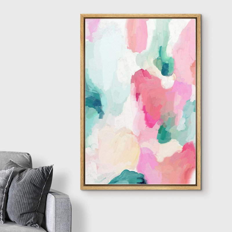 Peinture abstraite rose pastel, vert et jaune, H 24 po x l 16 po x P 1,5 po, Naturel