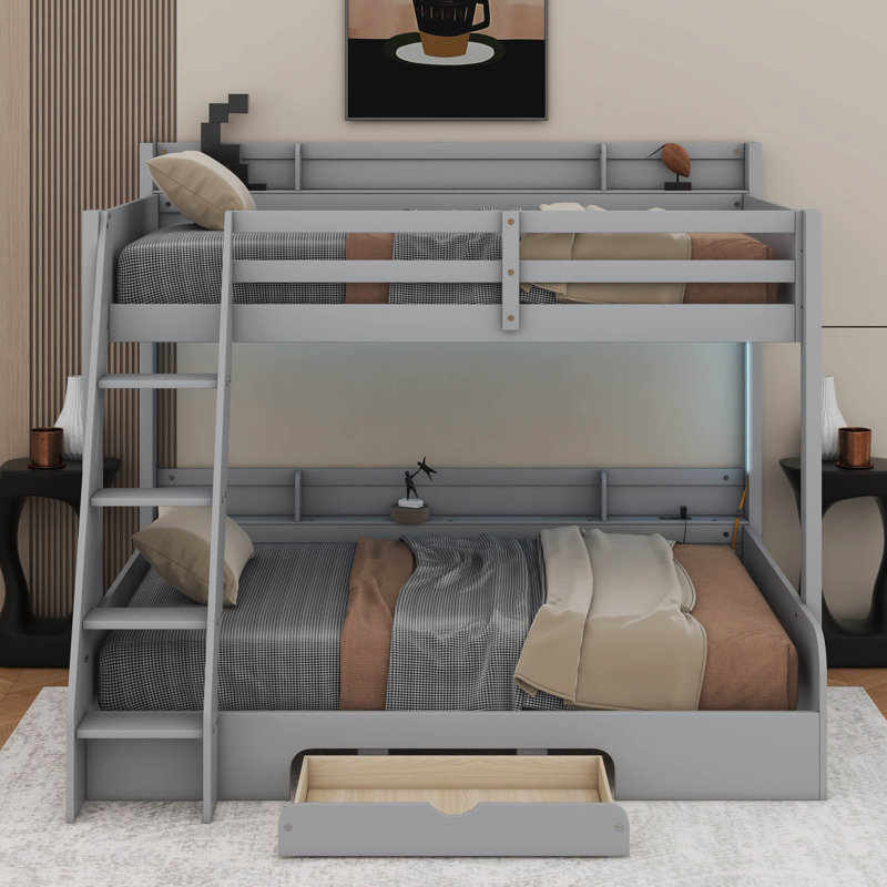 Twin Over Full Bunk Bed With Storage Shelves, LED, Charging Station And A Drawer, Gray
