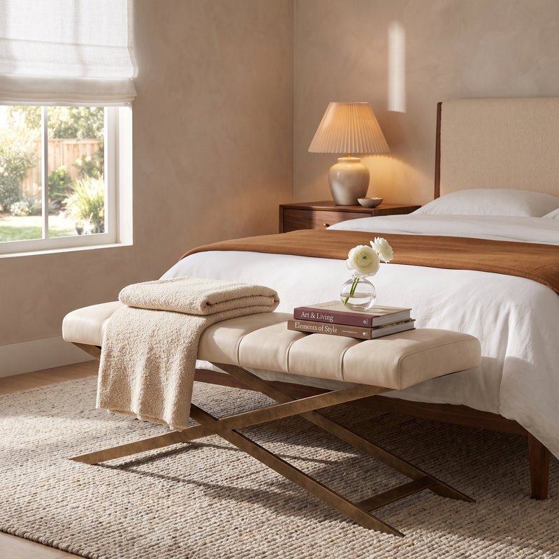 Madigan Faux Leather Upholstered Bench, Cream Performance Basketweave