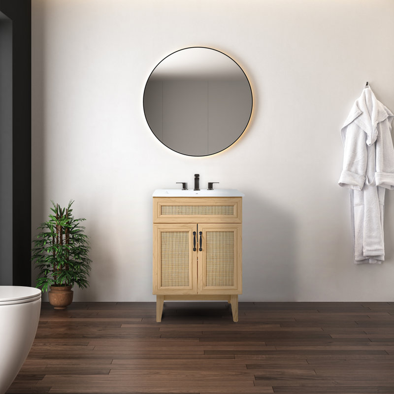 Javer 24 in. W x 18 in. D x 33 in. H Bohemian Rattan Freestanding 2-Shelf Bath Vanity Cabinet Base Only (Sink Basin not Included), Oak