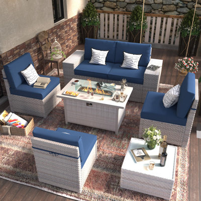 Ensemble de conversation de patio 7 pièces en osier avec coussins, ensemble de patio en rotin avec foyer et table basse