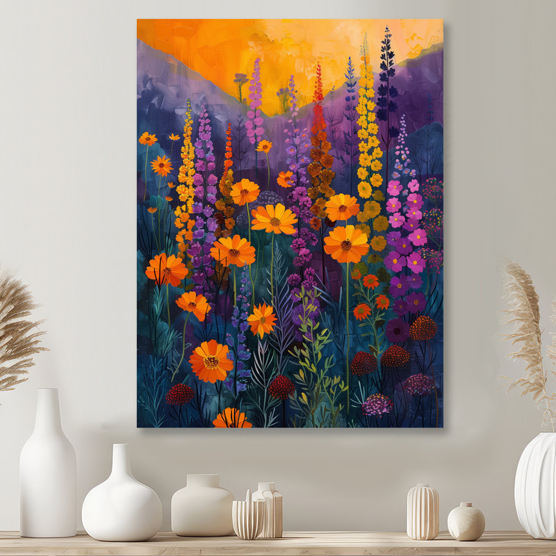 Jaune, mauve, vibrant, symphonie, fleurs sauvages - Art mural fleurs sauvages, Métal métal, H 20 po x l 12 po x P 1 po