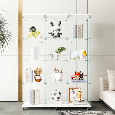 Massive 4-Shelf Glass Display Cabinet, For Home Decor - Black/White, Copious Storage, Tempered Glass, Solid Wood, Straightforward Assembly Extra Large Shelf Unit, Living Room Ample Storage Potential,