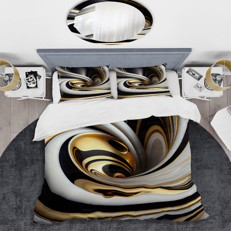 Vitrail doré noir et blanc - ensemble de housse de couette spirale moderne - polyester en microfibre