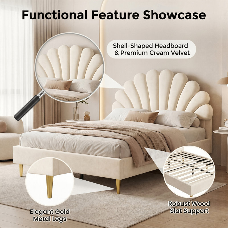 UK & EU Sizes Scalloped Shell Velvet Bed, Glam Upholstered Platform Frame With Gold Legs, Burgundy & Beige, Beige