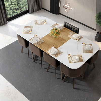 Ensemble de table de salle à manger spacieux 9 pièces, imitation marbre et bois, style moderne pour les réunions
