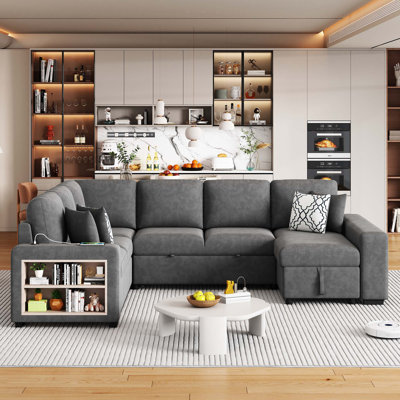 109" U-shaped Sectional Sofa Pull-out Sofa Bed with Two USB Ports