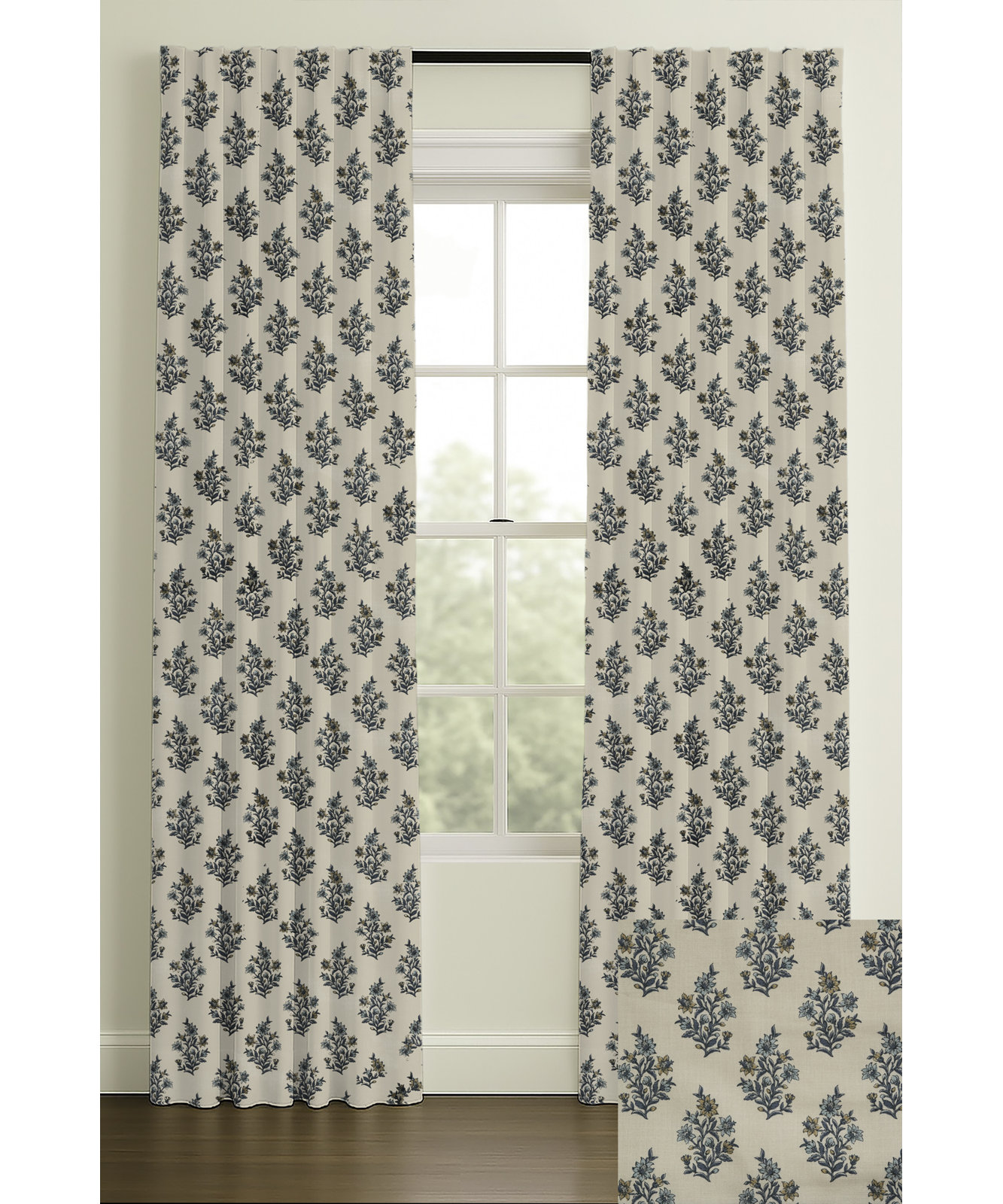 Nichols Floral Block Print Blackout Curtain, Ivory, 50" W x 108" L