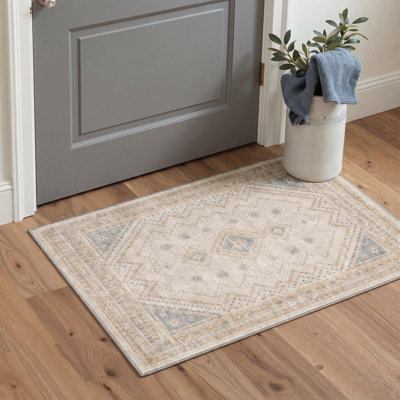 Modern Geometric Ivory / Blue Performance Low-Pile Washable Non-Slip Doormat