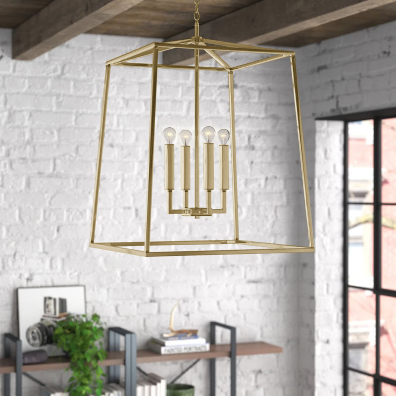 Dumas 4 - Light Dimmable Lantern Geometric Chandelier, Aged Brass, 34.25" H x 22" W x 22" D