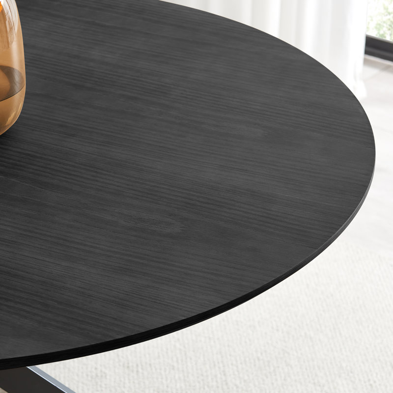 Hadlow Veneer & Metal Round Dining Table With Arvey Oak Veneer Chairs - Modern Statement Design, Black, 6