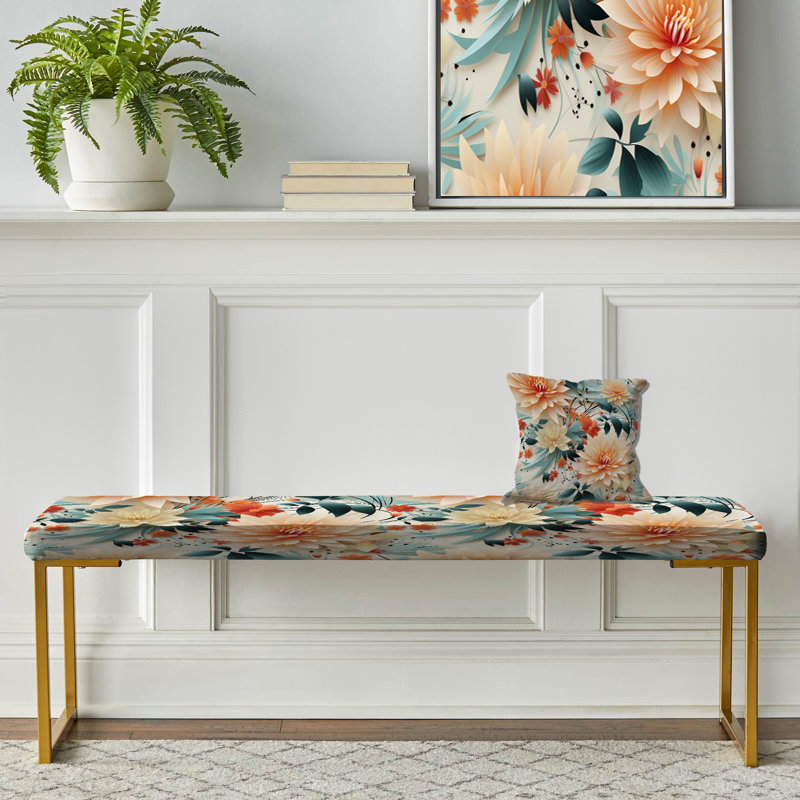 Pastel Colors Eclectic Floral Collage III - Eclectic Upholstered Gold Bench