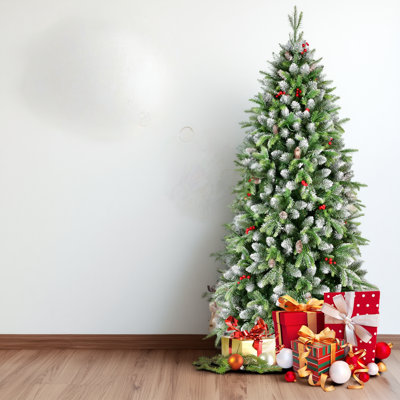 Arbre de Noël artificiel d'intérieur 6 pi, entièrement configuré avec 380 lumières à DEL blanc chaud préinstallées, 1264 pointes de branches + feuilles vertes givrées (baies rouges + pommes de pin) et support en métal robuste