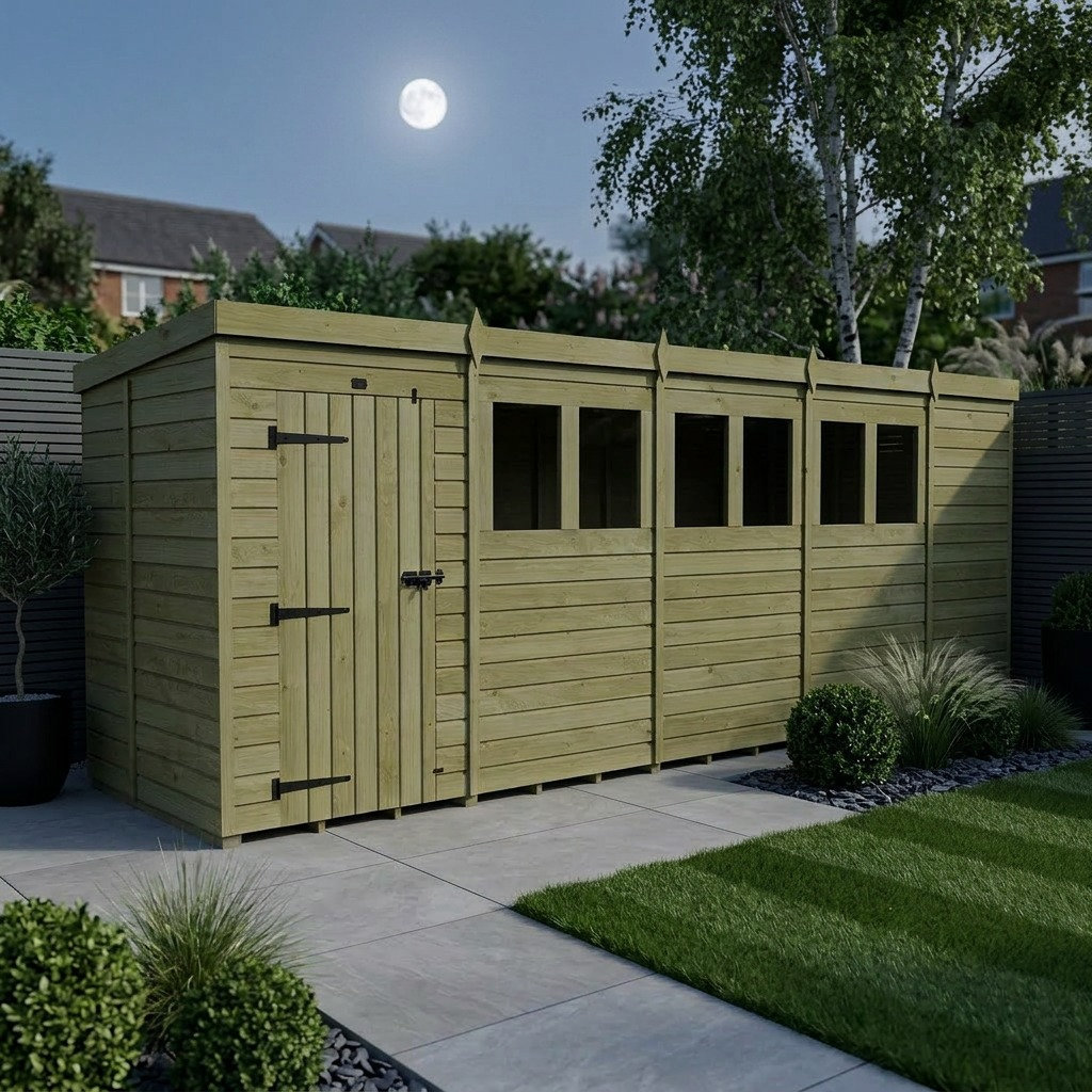 Total Sheds 19ft x 5ft Pent Garden Shed - Single Door - With Windows - Pressure Treated Timber - UK Manufactured