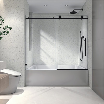 6063 noir mat sans cadre, une porte de douche fixe et une porte décalée, grandes poulies en acier inoxydable de 70 mm et 304 avec fonction de fermeture en douceur réglable, nettoyage facile, poignée anti-déflagrante