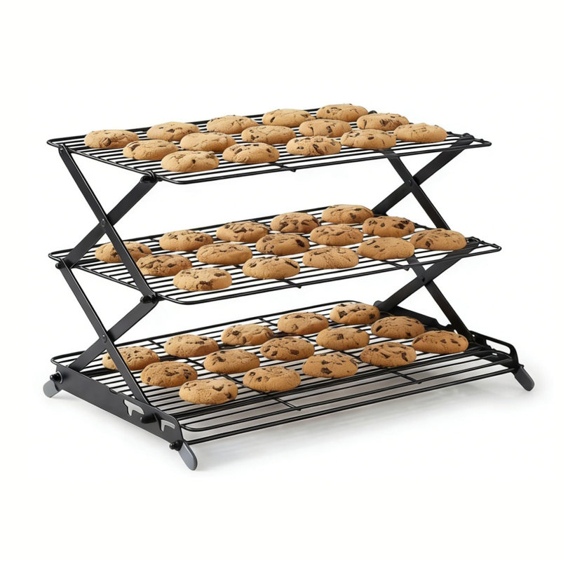 Grille de refroidissement pliable à 3 niveaux - Grille de cuisson réglable et empilable avec conception en X stable, grilles de refroidissement peu encombrantes pour la cuisson, la cuisson des biscuits, les gâteaux, le rôtissage et le séchage (noir)