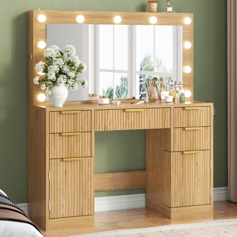 36" Large White Fluted Vanity Desk with LED Mirror - 11 Dimmable LED Lights & Built-in Power Outlet, Modern Wood Makeup Vanity Table with 5 Drawers, 2 Cabinets & 2 Hidden Storage Shelves for Bedroom