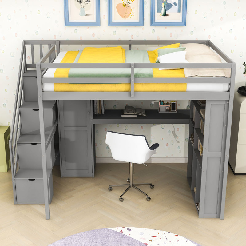Full Wood Loft Bed with Built-In Wardrobe, Desk, Shelves, Storage Stairs and LED Lighting, Gray