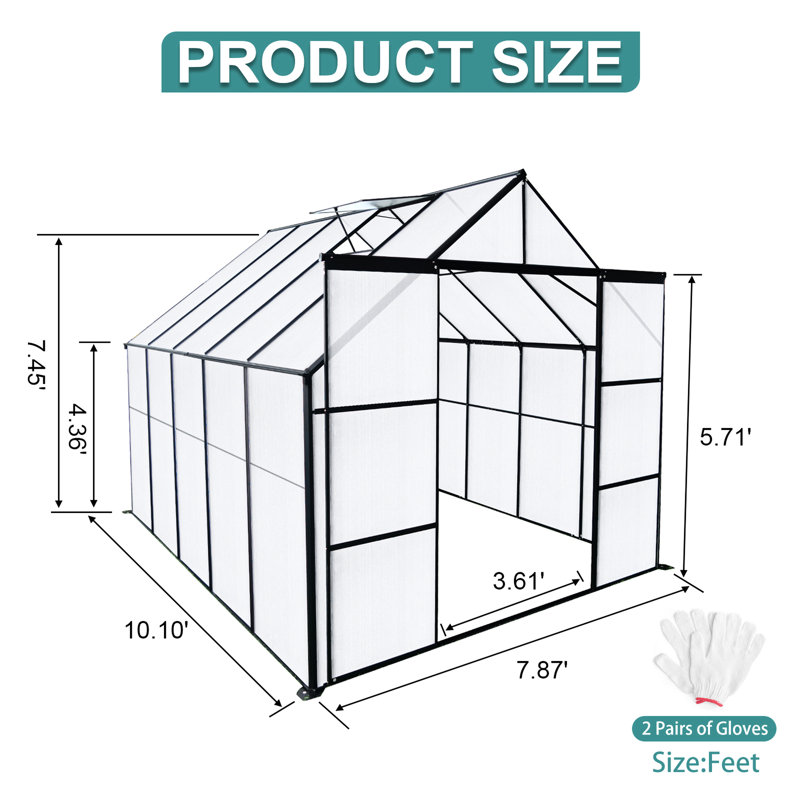 8X10ft Greenhouse For All Plant Types, Black With Ventilation And Drainage Features, 92.98" H x 119.27" W x 87.32" D