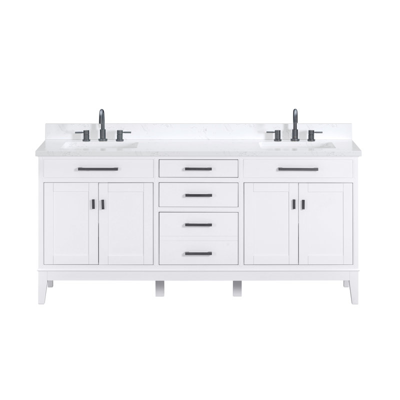Madison 72" Double Bathroom Vanity Set, White, 61", Cala White Engineered Stone