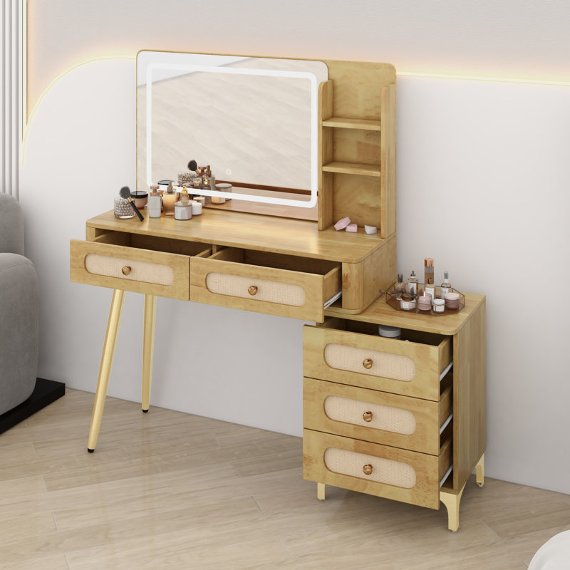 Détails du bureau de maquillage rétro avec miroir et lumières, 5 tiroirs, tablette et tiroir en rotin, Naturel
