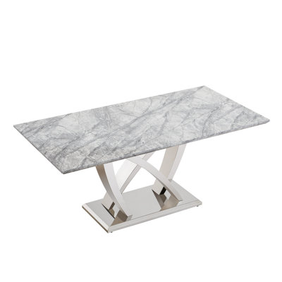 70" Faux Marble Table, Mirrored Stainless Steel Base, Grey And Silver, Coffee Table - Grain,