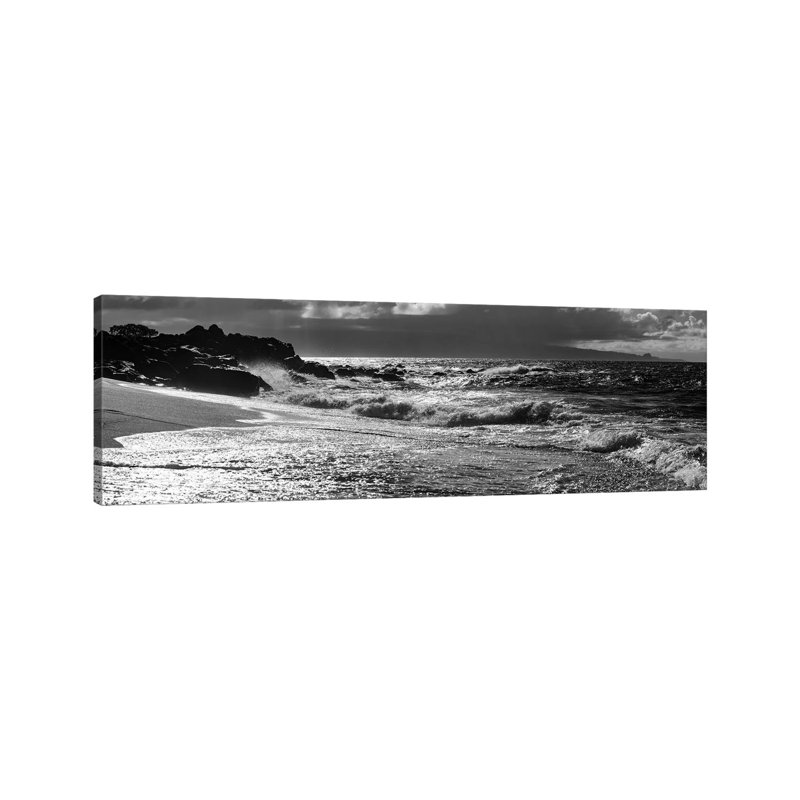 Black And White Landscape With Beach And Waves In Sea, Maui, Hawaii Islands, USA - Panoramic Print on Canvas, Wrapped Canvas