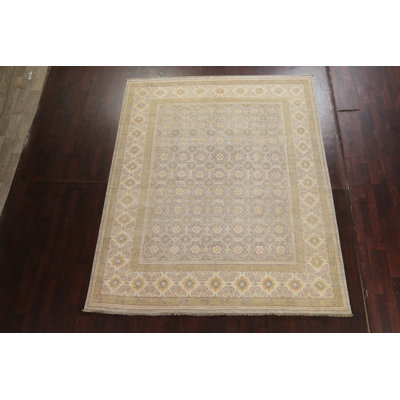 Tapis beige en laine noué à la main de conception unique 7 pi 10 po x 9 pi 9 po