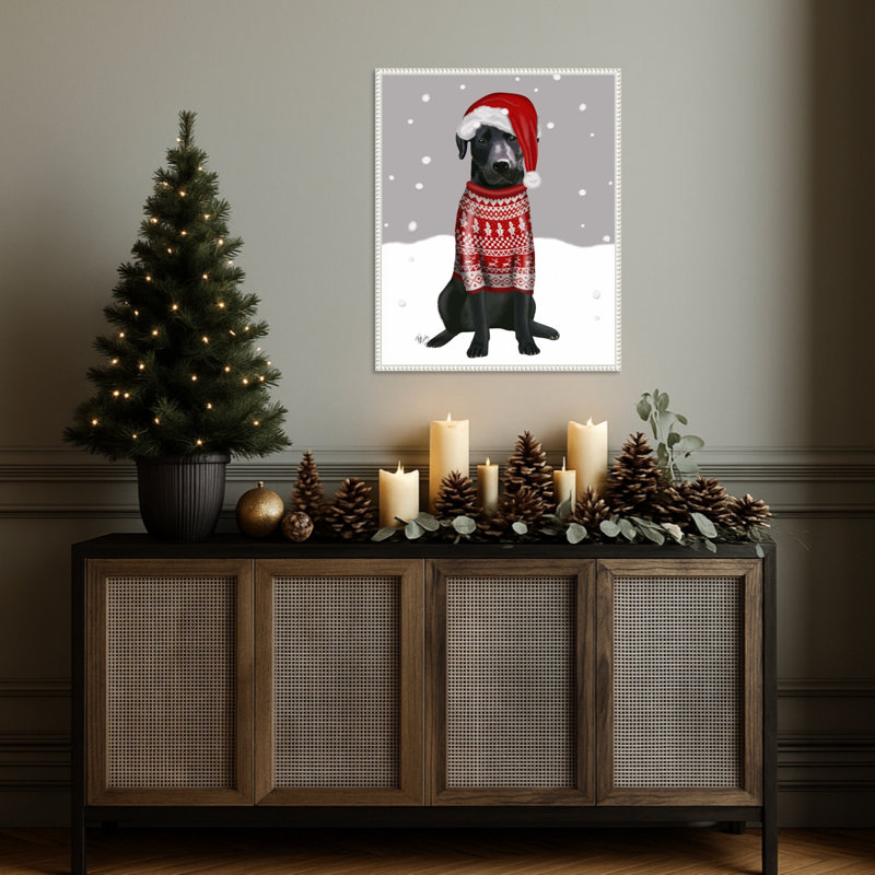 «Black Labrador Christmas Sweater 1» par Fab Funky, impression sur toile encadrée