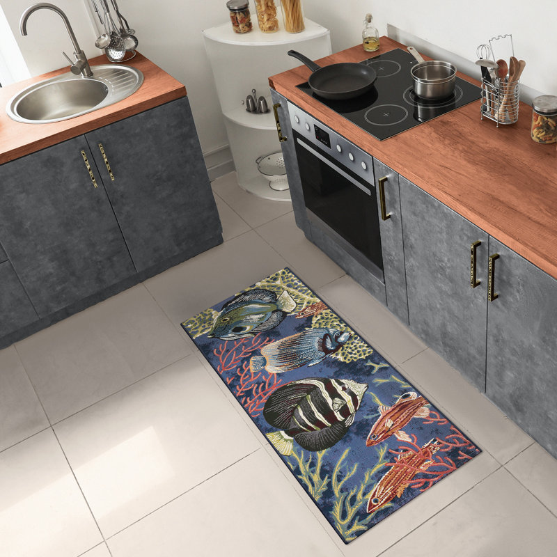 Nicodemus Modern & Contemporary Synthetic Non-Skid Kitchen Mat, Navy, Runner" 1'9" x 4'9" 