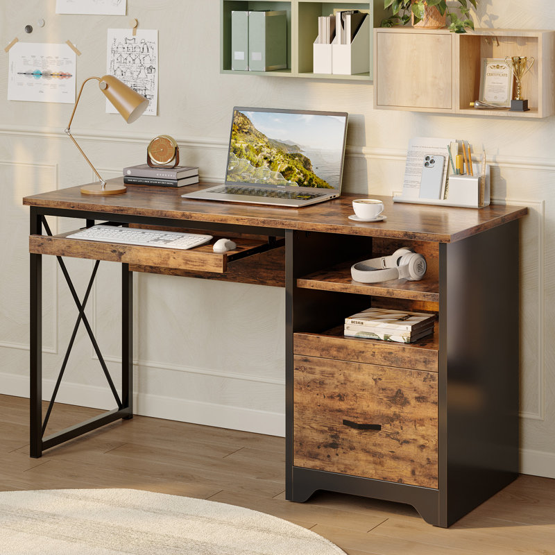 47'' Rustic Brown Computer Desk with File and Storage Drawers,Reversible Home Office Writing Desk with Keyboard Tray & Adjustable Shelf