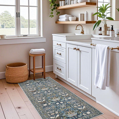 Washable Hallway Rug: Vintage Kitchen Rugs with Non-Slip Backing Low Pile Water Resistant Carpet for Living Room Bedroom Soft Floor Mat for Bathroom Laudry Dining Room