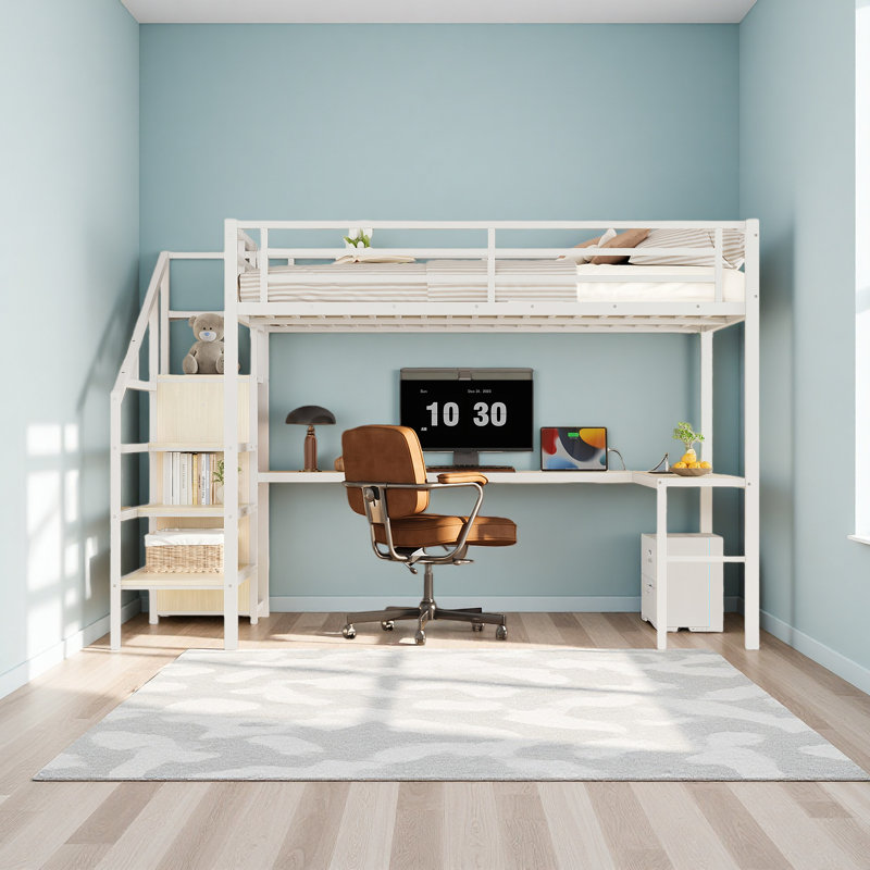 Queen Size Loft Bed With L-Shaped Desk And USB, Metal Loft Bed With Wardrobe And Adjustable Shelf, High Loft Bed With LED For Kids Teens Adults,